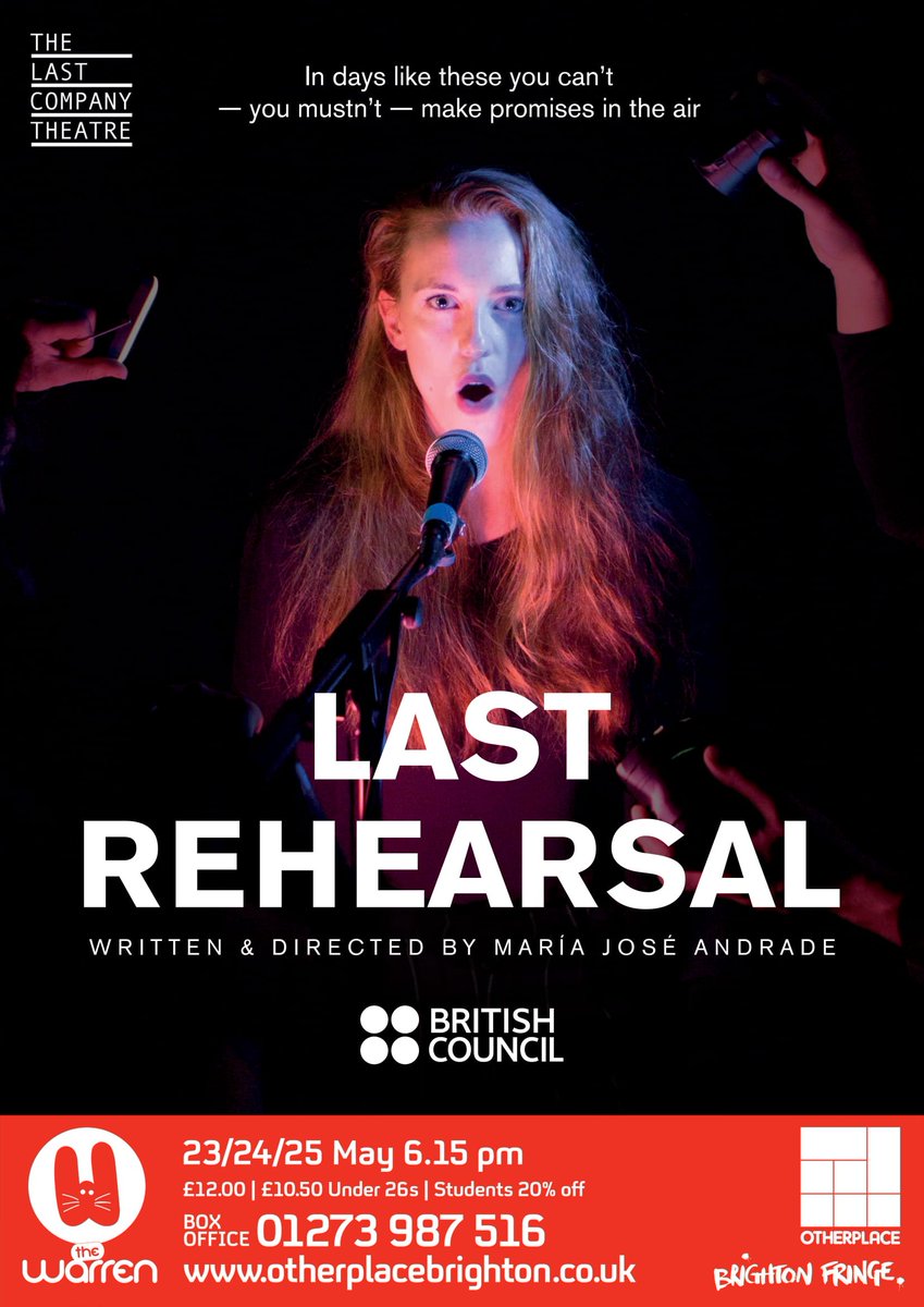 Last Rehearsal - escrito y dirigido por María José Andrade, chilena, de <a href="/LastCoTheatre/">The Last Company Theatre</a> , en el <a href="/brightonfringe/">Brighton Fringe</a>. 

Trailer: vimeo.com/309923360