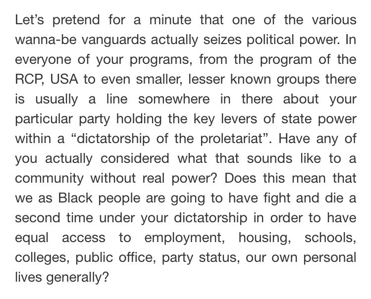 “In [each] of your programs ... there is usually a line somewhere in there about your particular party holding the key levers of state power within a ‘dictatorship of the proletariat’. Have any of you actually considered what that sounds like to a community without real power?“