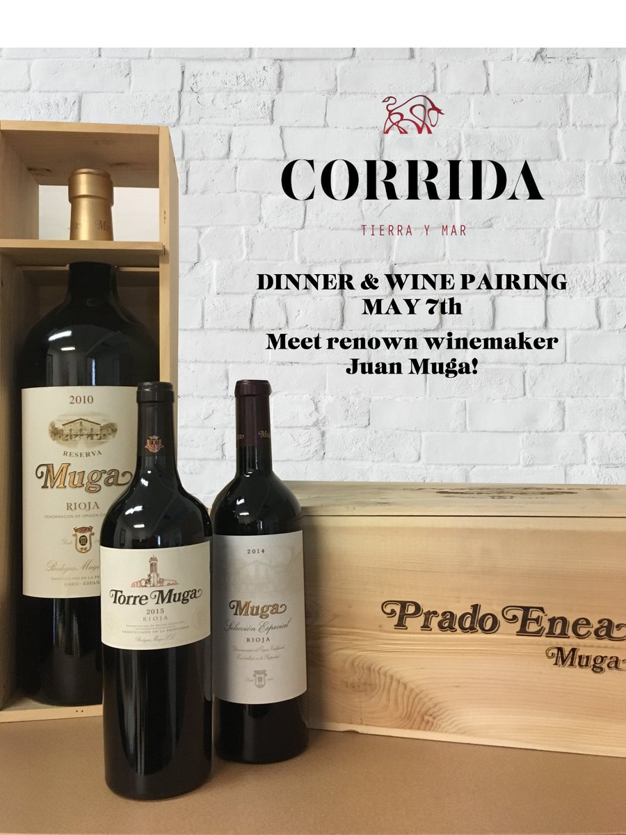 One Week Away! Make sure to reserve a table at Corrida for next Tuesday, May 7th for Dinner &amp; Wine Pairing with Juan Muga. Special selections have been sent over from Spain just for this event! 🇪🇸🍷
.
.
.
#wine #winetasting #winedinner #corrida #specialselections #muga #juanmuga