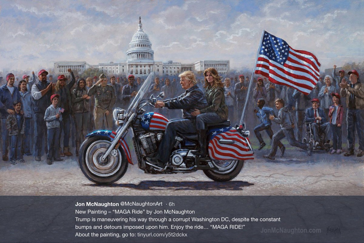 Here's another one in the series: Jon McNaughton's new painting of Trump on one side, and North Korean state "art" glorifying the Kim Dynasty on the other. (Source on the NK image:  http://www.thebohemianblog.com/2012/09/dark-tourism-pyongyang-north-korea.html)