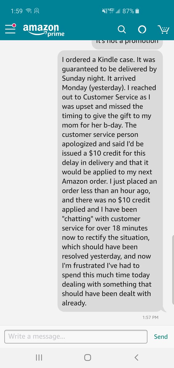RachelUsher54's tweet photo. @amazon potentially the worst customer service experience, blatantly ignoring my questions and concern. Seriously disappointed. Still unresolved. https://t.co/q324epdtnu