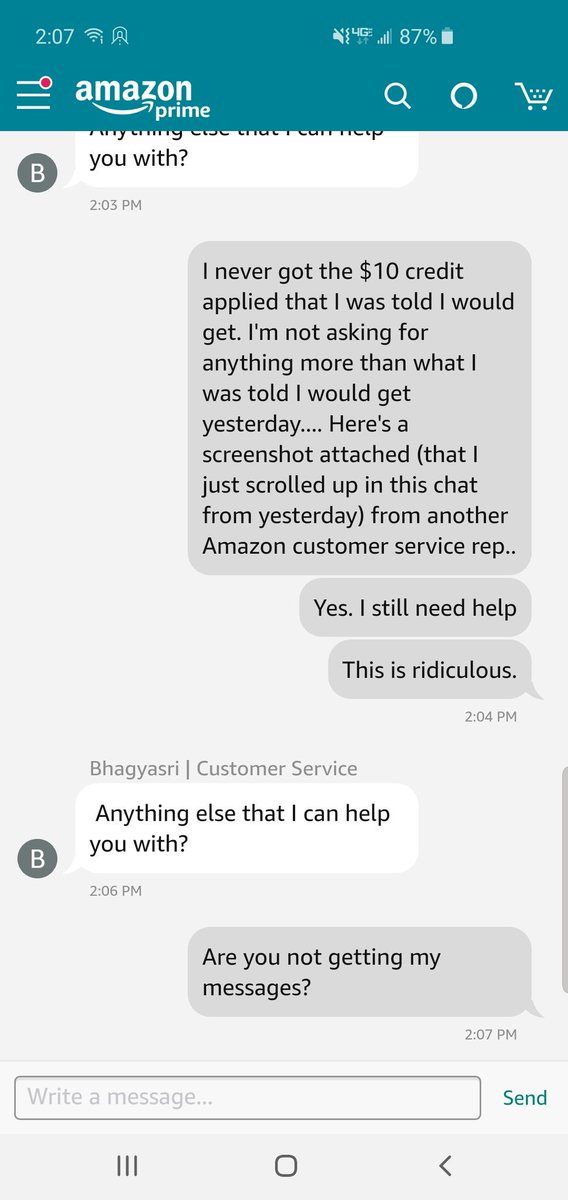 RachelUsher54's tweet photo. @amazon potentially the worst customer service experience, blatantly ignoring my questions and concern. Seriously disappointed. Still unresolved. https://t.co/q324epdtnu