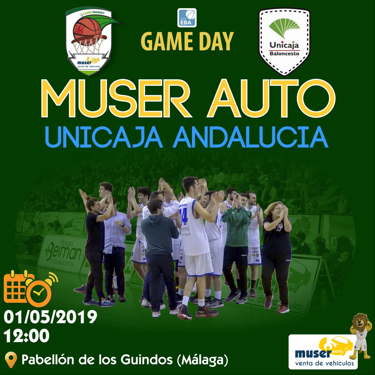 🎆🎆GAME DAY 🎆 🎆 
Jornada 🔟 Fase Permanencía #LigaEBA Grupo D 

📅 Miércoles 01 de Mayo
🕛12:00 h
🏟 Pabellón de Los Guindos
🆚  <a href="/CanteraUnicajaC/">Cantera UnicajaCB</a>

➡️ Último partido de la Fase Permanencia.
➡️ Seguimiento por Twitter y Facebook 

#prode #Muserauto #qBasket