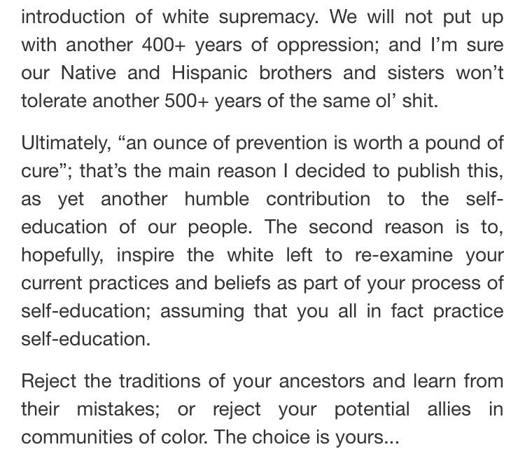 “We will not put up with another 400+ years of oppression...Reject the traditions of your ancestors and learn from their mistakes; or reject your potential allies in communities of color. The choice is yours...”