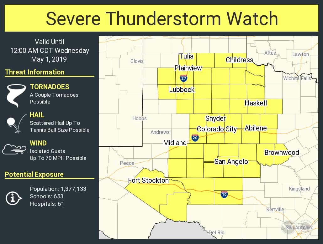A severe thunderstorm watch has been issued for parts of Texas until 12 AM CDT