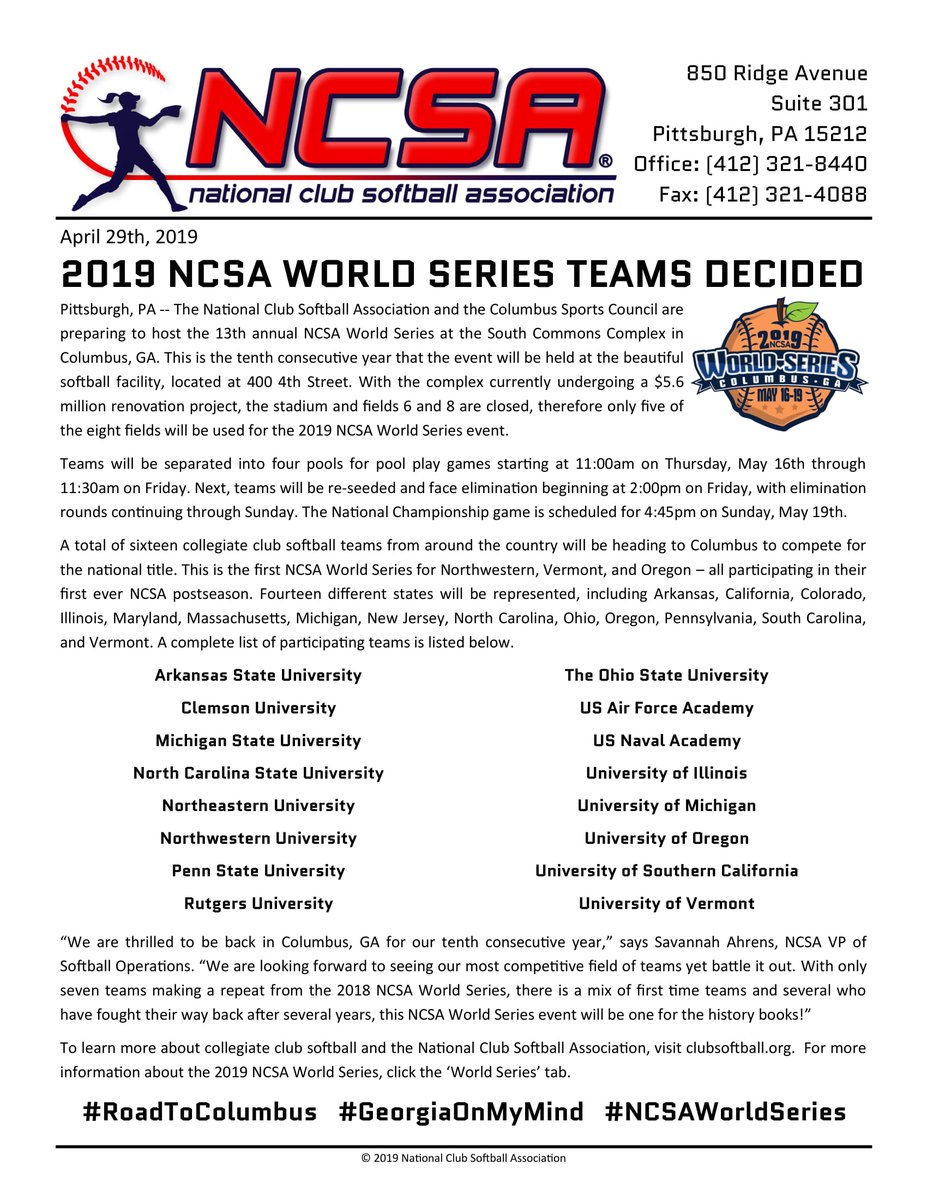🥎PRESS RELEASE🥎

Check it out to see the full list of teams participating in the 2019 NCSA World Series!