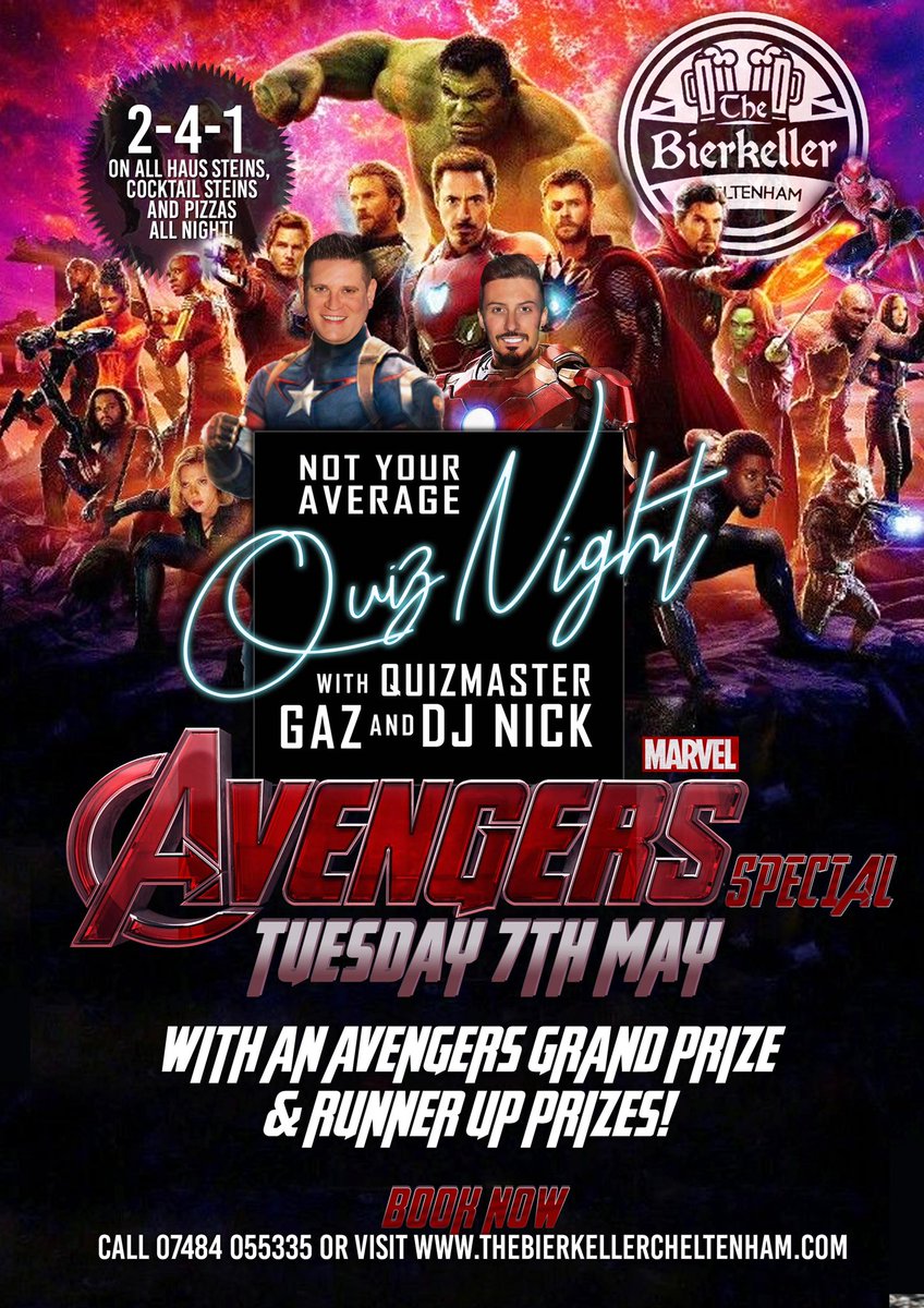 So sorry I had to leave a sold-out Not Your Average Quiz Night <a href="/bierkellerchelt/">The Bierkeller Cheltenham</a> early tonight. I’ll be back alongside <a href="/quizmastergaz/">Gaz Rees Jones</a> next Tuesday for the full show, probably dressed as Iron Man as it’s THE AVENGERS SPECIAL! 
See you there! 🎆
