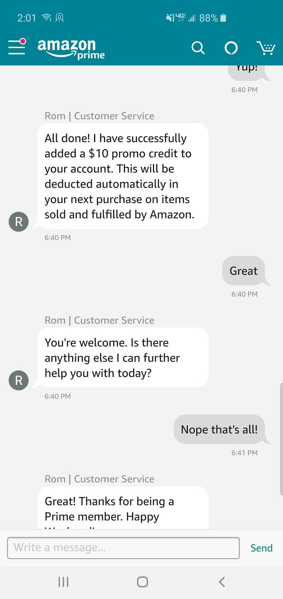 RachelUsher54's tweet photo. @AmazonHelp No, I'm not seeing the credit. And here's a screenshot of the confirmed $10 credit from my convo yesterday, which at this point I'm so frustrated it doesn't even feel justified for almost 30 min of what felt like a customer service robot just saying the same thing over and over. https://t.co/Lp1POhIOHT
