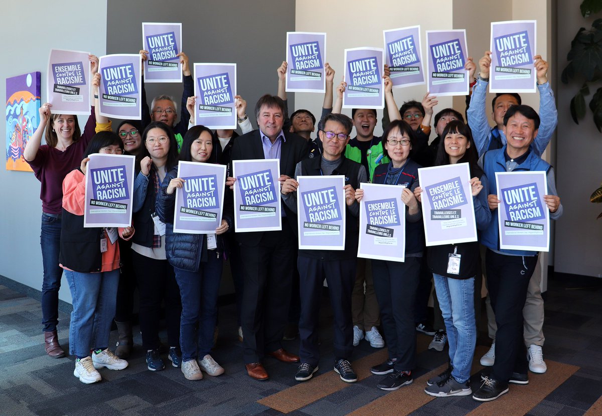 Leaders of the Korean Public Service &amp; Transport Workers’ Union join the call to #UniteAgainstRacism. They showed their support for the <a href="/MigrantRightsCA/">Migrant Rights Network #StatusForAll</a>’s day of action during a visit to CUPE’s national office. Learn more and join the May Day action: migrantrights.ca/may1
