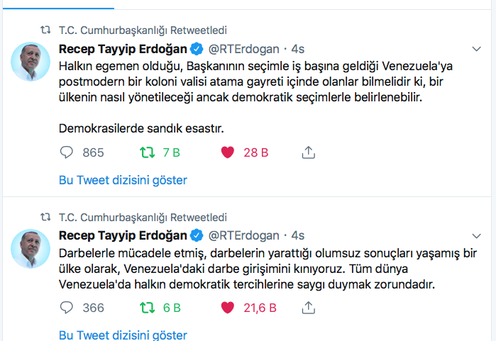 Sayın Cumhurbaşkanı'nın 
Venezüela Hakkındaki Tivitleri. 
<a href="/NicolasMaduro/">Nicolás Maduro</a> 
<a href="/evoespueblo/">Evo Morales Ayma</a>
<a href="/vladimirpadrino/">Vladimir Padrino L.</a>
<a href="/VTVcanal8/">VTV CANAL 8</a>
<a href="/jorgerpsuv/">Jorge Rodríguez</a>
<a href="/ConCiliaFlores/">Cilia Flores</a>
<a href="/PartidoPSUV/">PSUV</a>
<a href="/teleSURtv/">teleSUR TV</a>
<a href="/laradiodelsur/">La Radio del Sur</a>