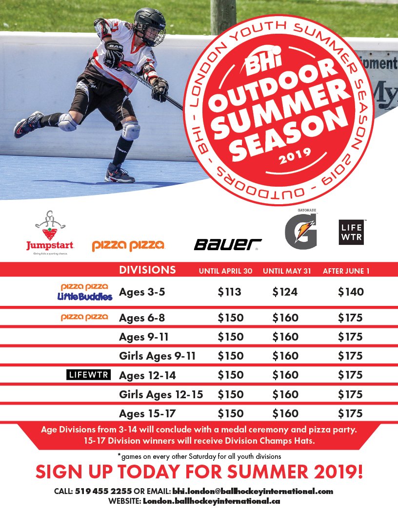 It's deadline day!  Today is the last day to take advantage of this early bird pricing for the summer season.  Register online, call 519 455 2255, email bhi.london@ballhockeyinternational.com or visit us at the rink office.  ow.ly/gYoY50tnKI5