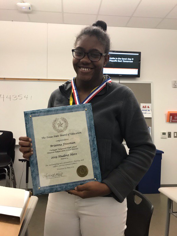 CvhsTeacher's tweet photo. It's @CarnegieRhinos very own Brianna Freeman (again!) this time receiving the #TEA #StudentHero award for #Region4 with #SBOE Region 4 Representative Lawrence Allen Jr.!!!  @HoustonISD Hooray! https://t.co/gj1SXZOahI