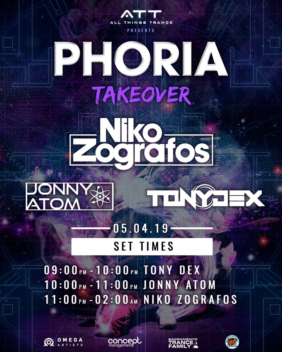 PhoriaSF's tweet photo. Set times for this Saturday π₯πΆ
@NikoZografos 11-2
@JonnyAtom 10-11
@djTonydex 9-10
#sacramento trancefamily
#AllThingsTrance https://t.co/x3YQq6qyyx