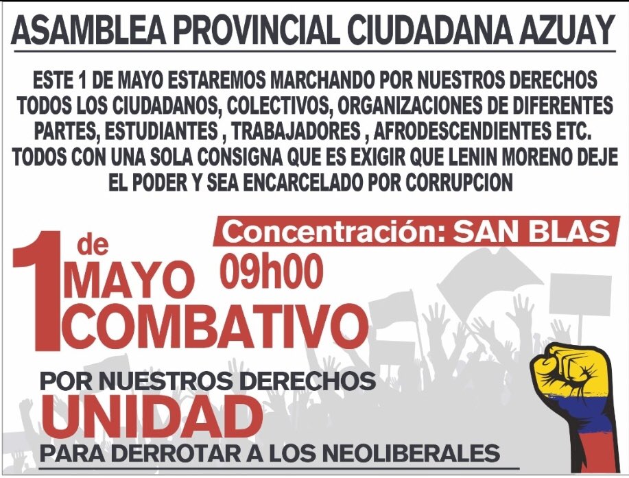 RCAzuay's tweet image. Todos y todas a las calles este 1 DE MAYO COMBATIVO

9h00
Desde el Parque de San Blas

Por nuestros derechos: UNIDAD para derrotar a los neoliberales.

No más despidos
No más privatizaciones
No paquetazos
No FMI

#1MCombativo