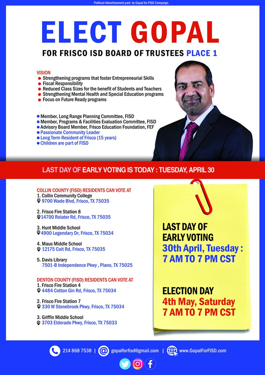 GopalPonangi's tweet photo. Voting open until 7 pm today. For locations and Directions: https://t.co/DoHGZZ0eMp
#GoGopal #GopalForFISD #GopalForFISDPlace1 #FISD #Elections #GopalPonangi #Gopal #VoteGopal #friscoisd https://t.co/nQL7GfrigO
