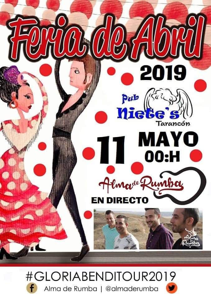 Dia 4 y 11 mayo 
FERIA DE ABRIL PUB NIETE'S
<a href="/Almaderumba/">Alma de rumba</a>