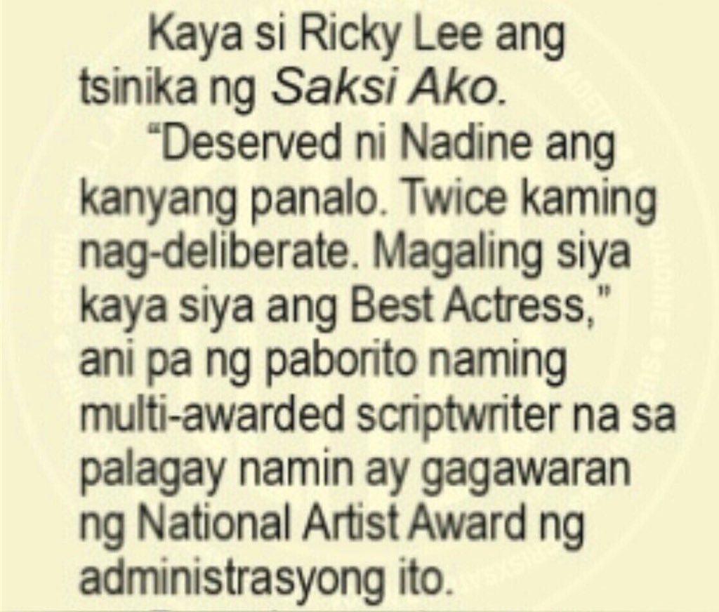 TeamTenementUno's tweet photo. FAMAS’ esteemed jurors headed by THE RICKY LEE deliberated twice before they declared the winners.

So, putting this here again.

Congratulations, Nadine Lustre, for winning the BEST ACTRESS award!

Joining the ranks of these great actresses, Sharon, Nora, Vilma &amp; Maricel! 🙌🏼 https://t.co/r9tUzTJ5yw