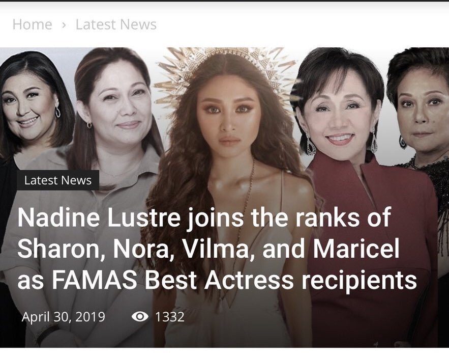TeamTenementUno's tweet photo. FAMAS’ esteemed jurors headed by THE RICKY LEE deliberated twice before they declared the winners.

So, putting this here again.

Congratulations, Nadine Lustre, for winning the BEST ACTRESS award!

Joining the ranks of these great actresses, Sharon, Nora, Vilma &amp; Maricel! 🙌🏼 https://t.co/r9tUzTJ5yw