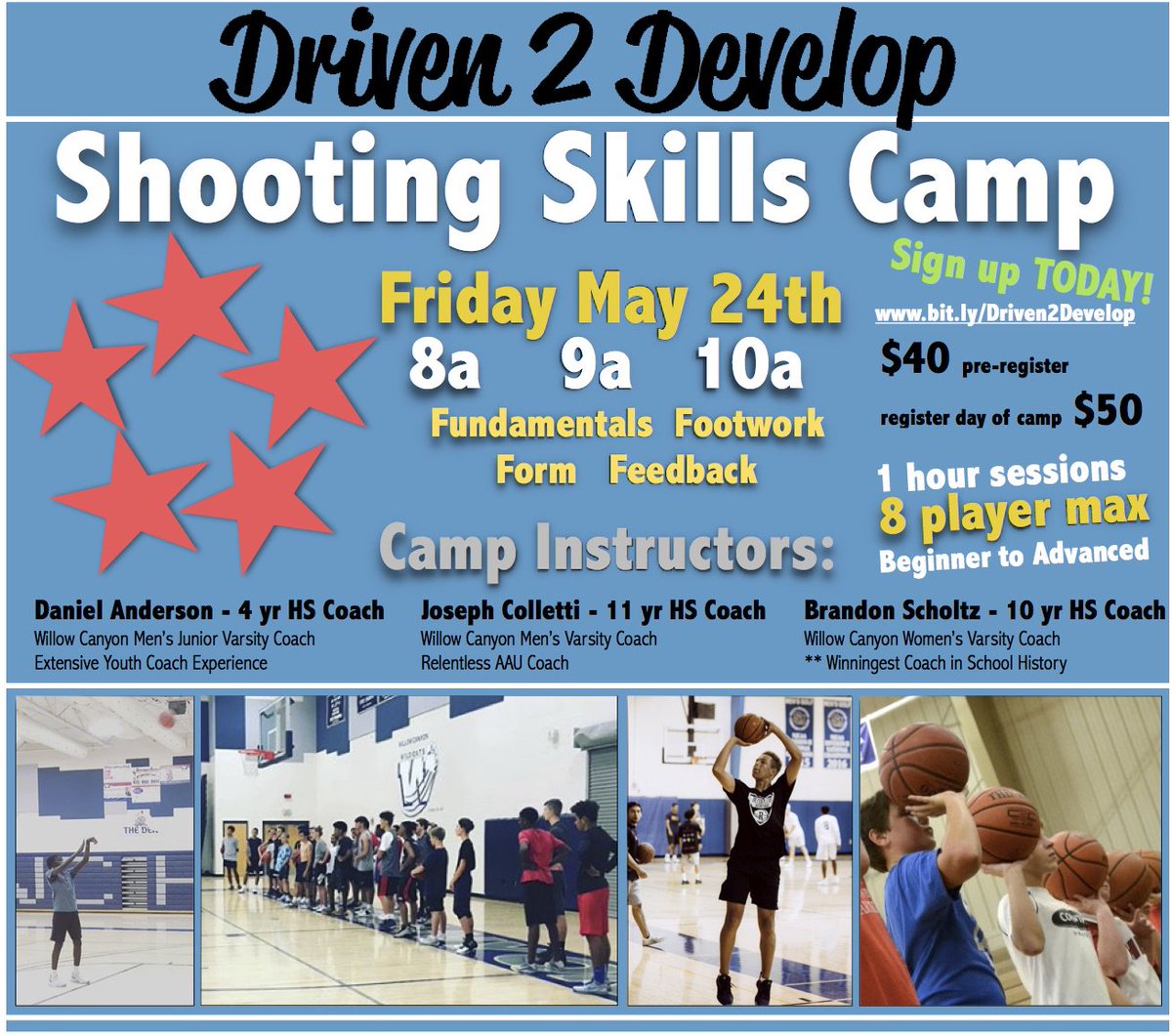 Driven2Develop_'s tweet image. ⏲️ May 24
🏀 Shooting Camp 
📢 High Level Coaching 
🔥 Focus on Fundamentals

8 player max per session.  3 sessions available.  

Sign up NOW:
forms.gle/N6D1Lyakh6BXHQ…