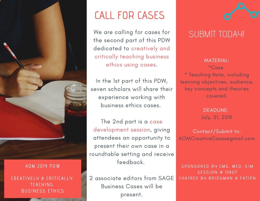ToddBridgman's tweet photo. Interested in teaching business ethics using the #casemethod? Submit a case to our @AOMConnect PDW sponsored by @aom_sim @cms_aom and MED. Featuring @PaulineFatien, @dpurkayastha @youmills and @SAGEManagement Business Cases to name just a few! https://t.co/5TBDQCw47T