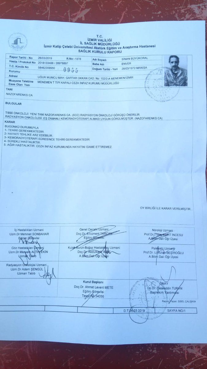 TutukluHastalar's tweet photo. Sinan Büyükoral/İZMİR

6 aydır Nazofarenks kanseri, sağlığı gittikçe kötüleşiyor!

Hastane sağlık kurulundan 'Cezaevinde hayatını idame ettiremez' raporu olmasına rağmen aylardır Yargıtay tahliye kararı vermiyor!

Tabutta mı tahliye edilecek?

@izmirihd @IzmirValiligi
#1Mayıs https://t.co/77oSVf8Kkz