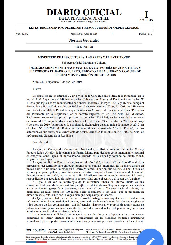 Gran noticia para comunidades del patrimonio. Se declara oficialmente Barrio Puerto de Puerto Montt como Zona Típica al ser publicado el decreto en <a href="/DiarioOficialCL/">Diario Oficial</a> 
Felicitaciones a vecinos/as que dieron la pelea para la protección!
Arriba los barrios patrimoniales que luchan!