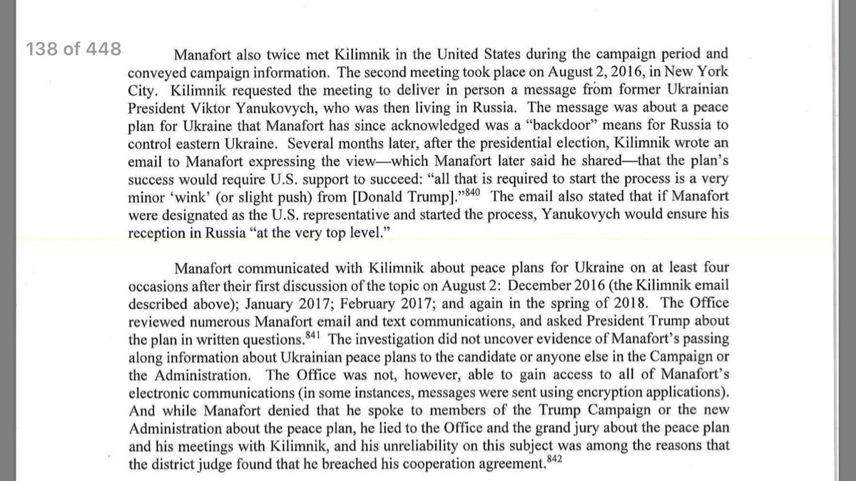 20. Manafort continued to meet with Kilimnik, who has ties to Russian intelligence, about a “peace” plan that includes installing thuggy Russian puppet Yanukovych as the leader of eastern Ukraine.Perspective: SCO noted Manafort used encryption devices & lied about communication