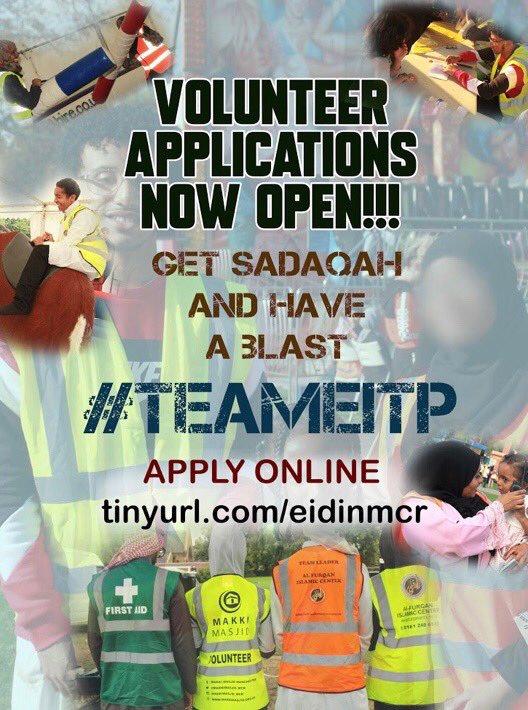 Assalamu alaikum! 

We need YOU! 

We’re recruiting volunteers for our BIGGEST eid yet. This is a great opportunity to be a part of an incredible team who will deliver a memorable event whilst you gain valuable experience. 

tinyurl.com/eidinmcr