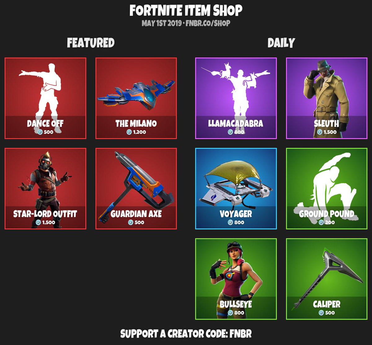 FortniteDaily's tweet photo. #Fortnite Item Shop for May 1st 2019 | https://t.co/NxpCkxMQqB
Use creator code 'fnbr' if you'd like to support us! https://t.co/yQg4TXRo1y