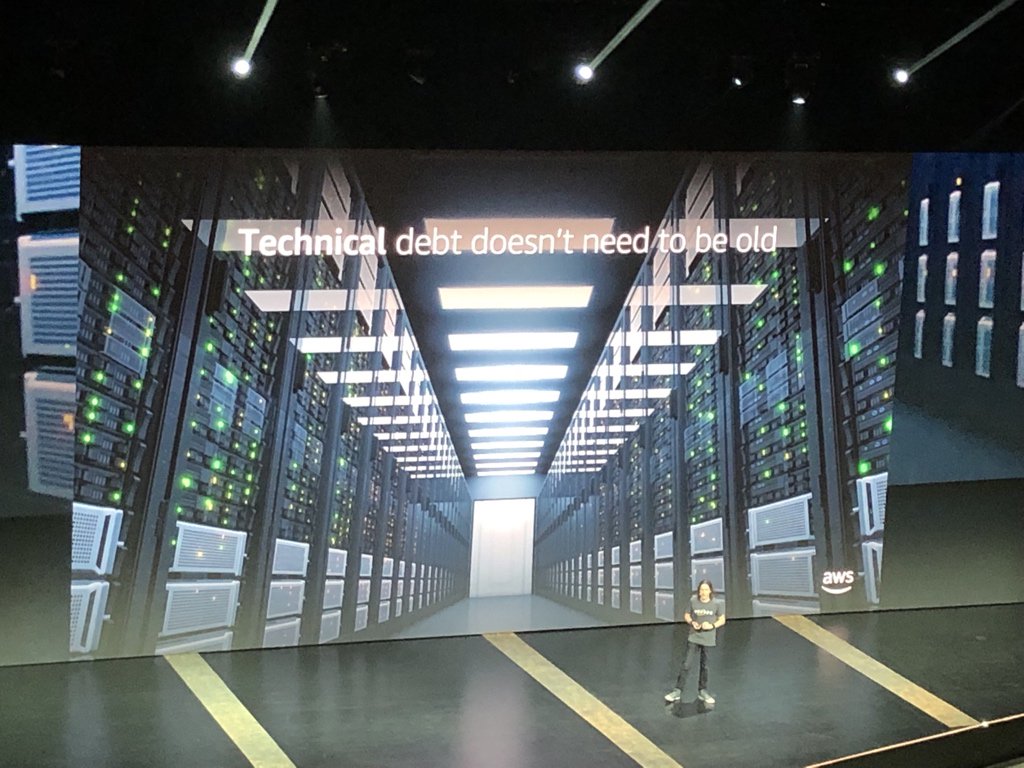 ahempel_srt's tweet photo. “Technical debt is any technical decision that holds you back from innovating. It doesn’t have to be old.” @glenngore #awssummit https://t.co/Nn5VjA64AH