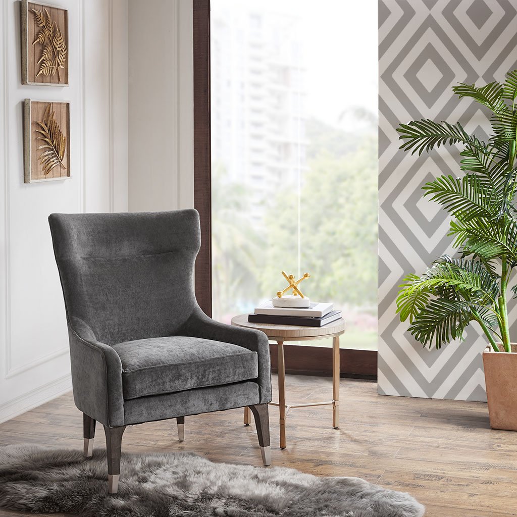 DesignerLiving's tweet image. For a handsome, luxe look. Charcoal fabric with an elegant silhouette makes a simple yet dramatic statement in any room! Paired with dark wood finish legs and metal caps, the Salisbury Accent Chair from Madison Park is a must! 

Your new seat awaits: bit.ly/2Wks1EE