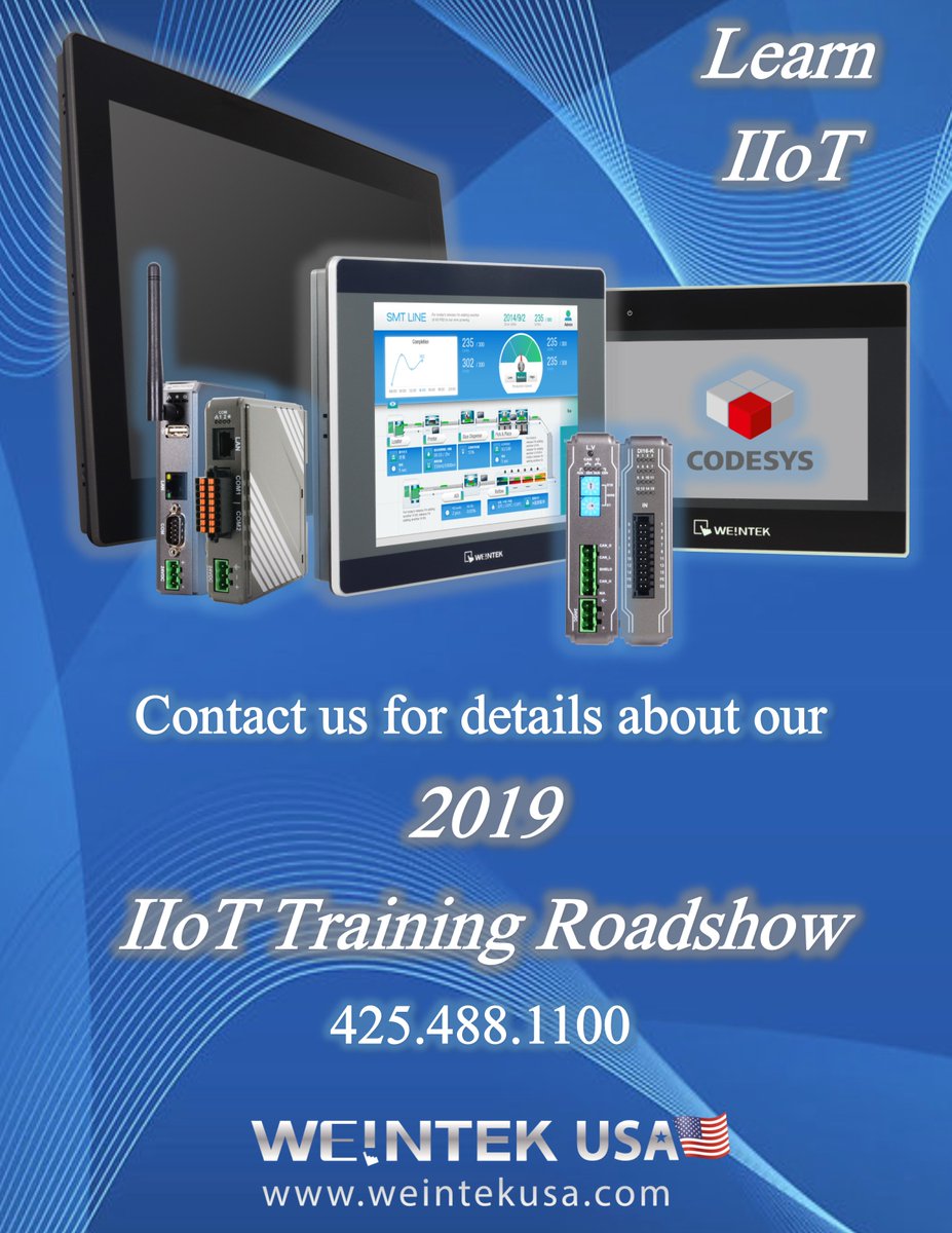 WeintekUSA's tweet photo. @WeintekUSA #IIoT #2019Training #roadshow. Call to reserve your seat. #HMI #RemoteIO #IIoTtraining w/ hands-on experience. #HMItraning #PLCtraining #plcprogramming #HMIprogramming #RemoteIO #WeintekHMI #Weintek #iotsolutions #EBPro #SmartGateways #SmartFactory #Automation #IoT https://t.co/FkPAKWol3Q