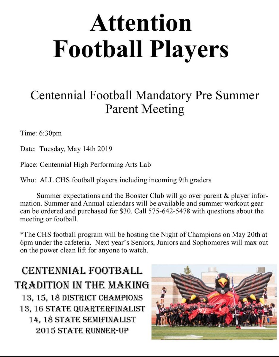 🚨🚨🚨Attention, Mandatory Pre-summer football meeting is to be held Tuesday May 14th at 6:30pm in the PAL on the CHS campus.  This meeting is for all current players and incoming 9th graders.  Summer workout gear can be ordered for $30 a set. 🚨🚨🚨