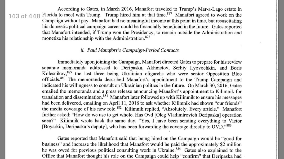 24. “Manafort agreed to work on the Trump campaign without pay. Manafort had no meaningful income..Immediately upon joining the Campaign, Manafort directed Gates to prep” memos to oligarchs..”Manafort further asked ‘how do we use this to get whole’”Perspective: Who’s the boss.