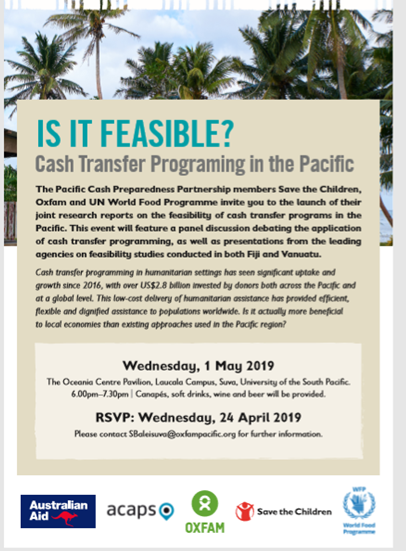 SC_Fiji's tweet photo. Excited to be launching the #Cash Feasibility Studies for #Fiji and #Vanuatu at the #PRM19 tonight at 6pm @USP @AusHPship @DFAT @OxfamAustralia @savechildrenaus @acapsproject @wfp_AsiaPacific @oxfampacific  #PacificCash #AustralianAID #DisasterREADY https://t.co/plbiOHFxcT