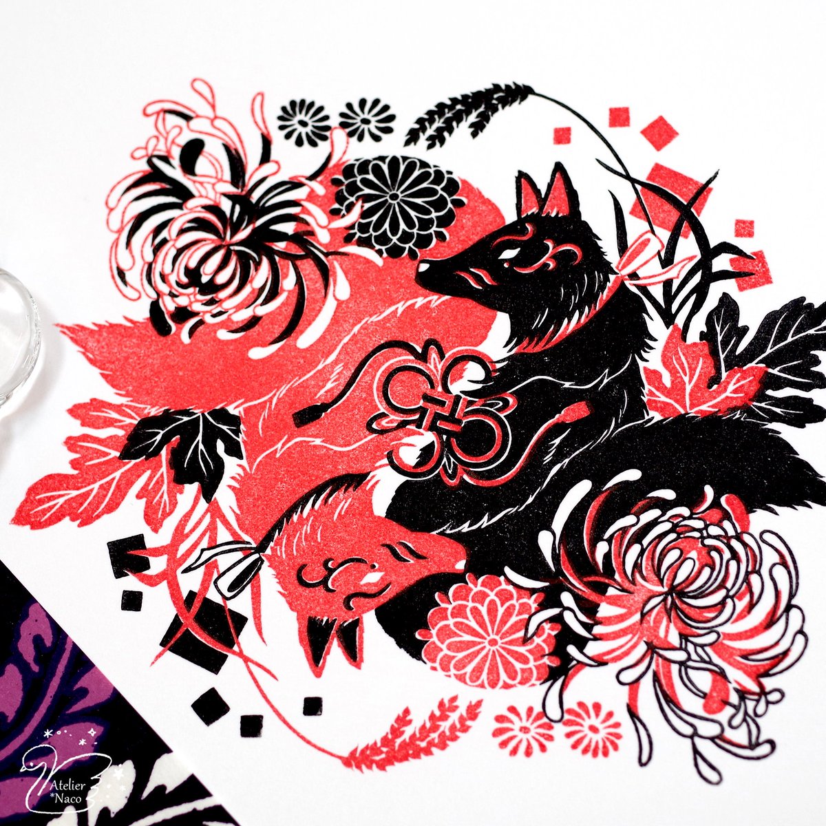 和狐の消しゴムはんこ。 1版2色使用。 同じはんこを、色と向きを変えて