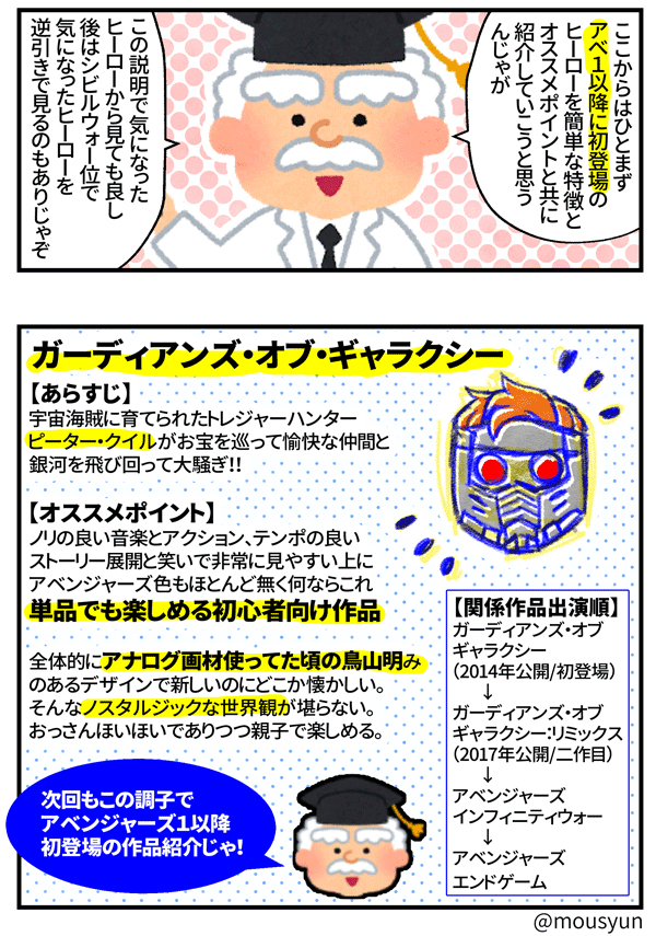 博士のなぜなにアベンジャーズ⑤
~アベンジャーズ1以降からエンドゲームに向けての解説と
ガーディアンズオブギャラクシー紹介~
#博士のなぜなにアベンジャーズ