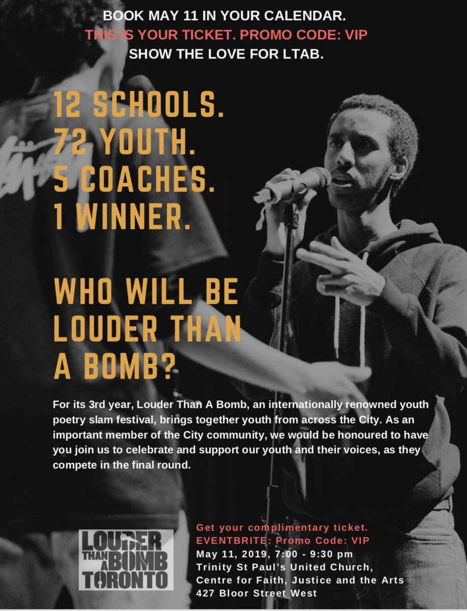 Ont_LOVE's tweet image. @torontolife Join us May 11 for LTAB - a youth poetry slam festival full of emotion, story telling and talent by youth from across our city. 
Check clips from '17 and '18: 
youtube.com/watch?v=pE7Bms… … … …, 
youtube.com/watch?v=W9iZLv… … … …
Link 4 tix: eventbrite.ca/e/louder-than-…