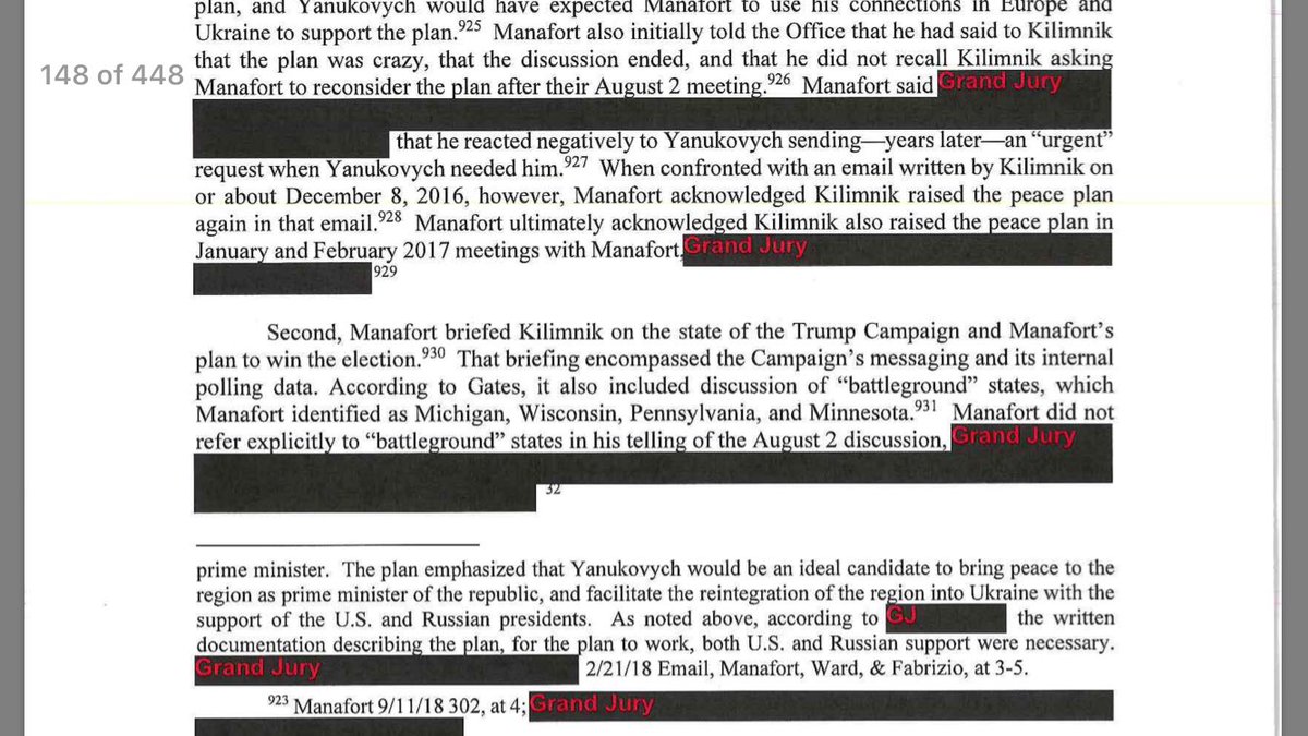 28. Manafort meets again with Kilimnik, who has ties to GRU, and talks about the “peace” plan of re-installing thuggy ousted Russian puppet Yanukovych to lead eastern Ukraine and tells him about Campaign messaging, internal polling data and battleground states.Perspective: Why?