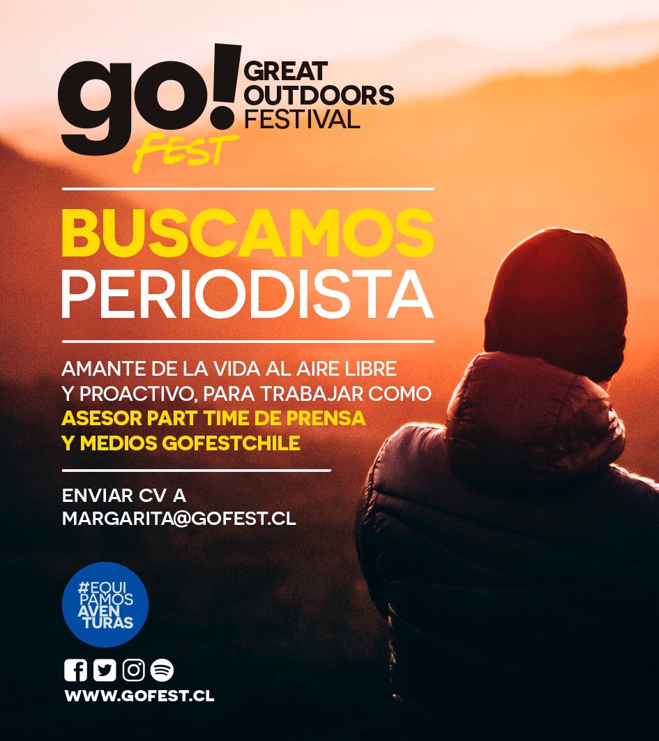 GoFest_Chile's tweet photo. BUSCAMOS!! #periodista motivado 💪🏼 para unirse a nuestro equipo de trabajo 🌳⛺️🏔🏍🚐🏄🏻‍♂️🚣🏼‍♀️⛷🚴🏼‍♂️🧗🏻‍♂️🇨🇱🍃🙌🏼
⠀⠀⠀⠀⠀⠀⠀⠀⠀
Envía tu CV a margarita@gofest.cl #GoFestChile #EquipamosAventuras #GreatOutdoorsFestival #Festival #Chile https://t.co/J15WuANxgM