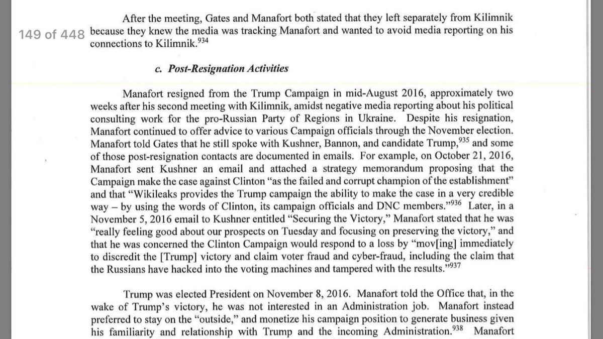 29. After meeting with Kilimnik, who the FBI says may be a spy, Manafort tries to avoid media scrutiny cuz Kilimnik, u know, may be a spy. Media scrutiny of Manafort’s Ukraine ties get him tossed off Campaign.Post-resignation: He instructs Campaign to use Wikileaks against HRC.