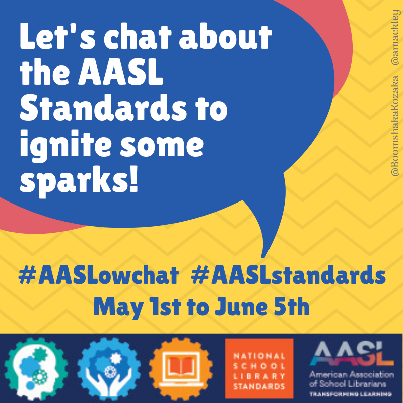 amackley's tweet photo. Getting excited for six weeks of #AASLowchat about the #AASLstandards.
Starting Wednesday, May 1, join @BoomShakaKozaka, @amackley, @AaronLibrarian and other curious minds! #AASLspark #tlchat #edchat https://t.co/qLe0j9uHEo