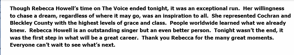 bleckprogress's tweet photo. A standing ovation for @ImRebeccaHowell for her great run on The Voice. https://t.co/hxrbFNVkHi