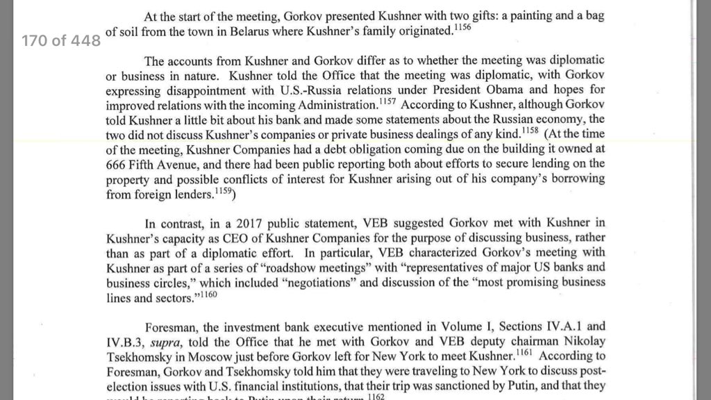 35. Kushner meets with the head of a Russian bank under U.S. sanctions. The details of the meeting are unclear.Perspective: The meeting took place at a time when Kushner companies had a debt obligation coming due.