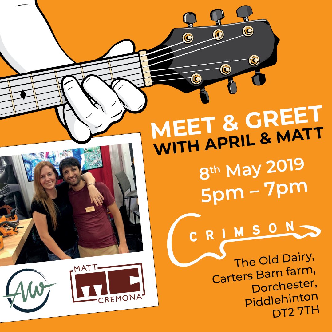 MEET & GREET with April Wilkerson and @MattCremona at @CrimsonGuitars in Dorchester, UK! Put the date in your calendar now and we look forward seeing you there! #meetandgreet #makersgonnamake #workshop #makersgonnamake #woodworking