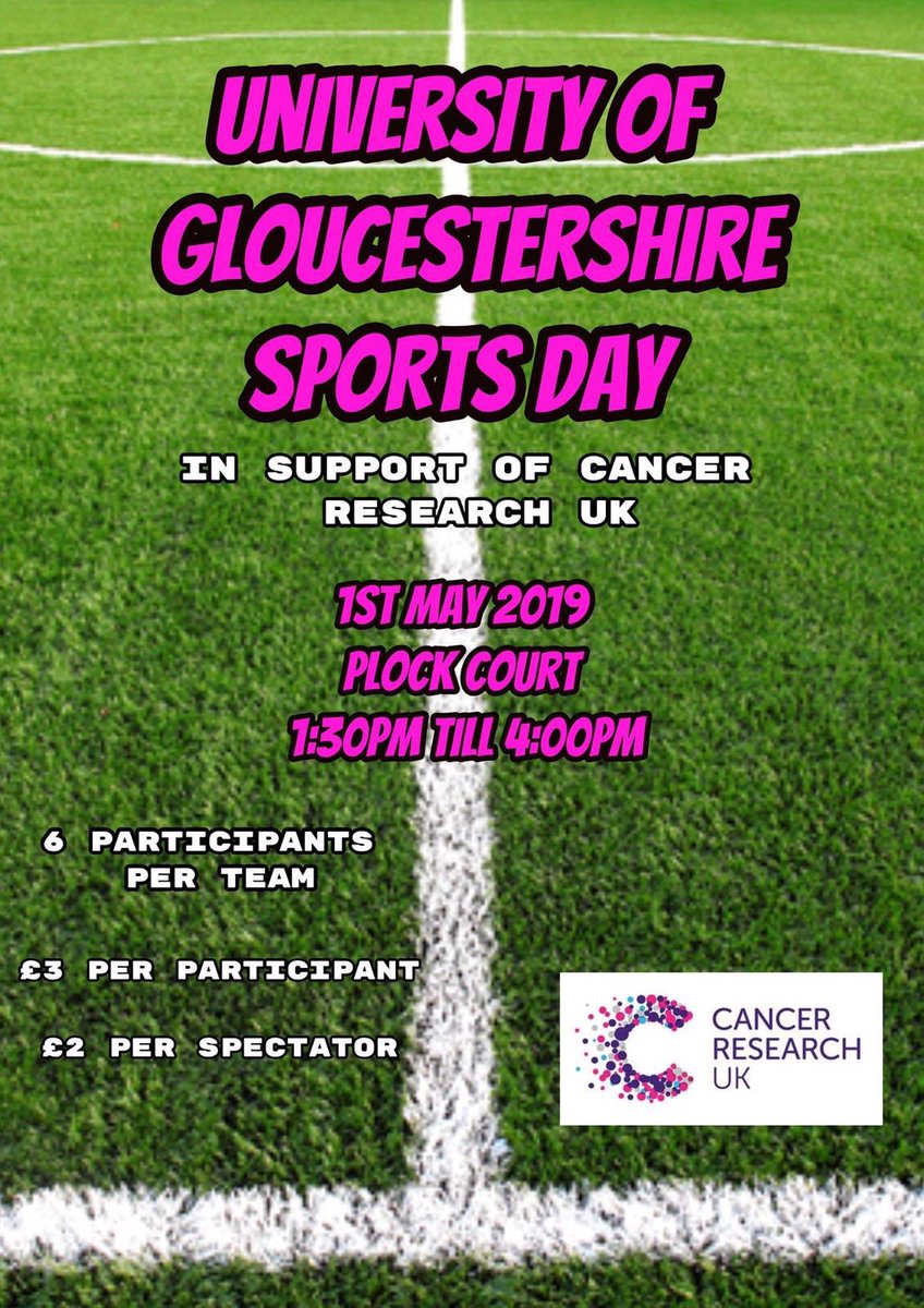TODAY IS THE DAY! 
Come join us at Plock court at 1:30 till 4 and support the teams participating in the sports day! 
The Event Management students are raising money for cancer Research UK and would love the support 💗
