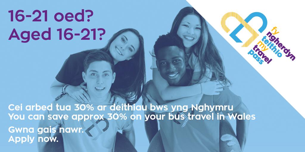 mytravelpass's tweet photo. Save 30% on all bus journeys in Wales
Get your free Mytravelpass! https://t.co/U7xCNqCTFE
People aged 16-21 can get a free Mytravelpass card and enjoy approx 30% off bus fares*
*exclusions apply https://t.co/HAkcr9LHR9