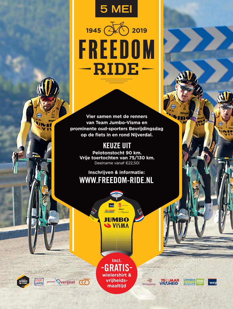 Freedomride5mei's tweet photo. Schrijf je vandaag nog in voor Freedom Ride op 5 mei in Nijverdal en krijg €5 korting op de inschrijfprijs, incl gratis wielershirt, bidon en maaltijd. #freedomride2019 https://t.co/b5wRNRSkmE