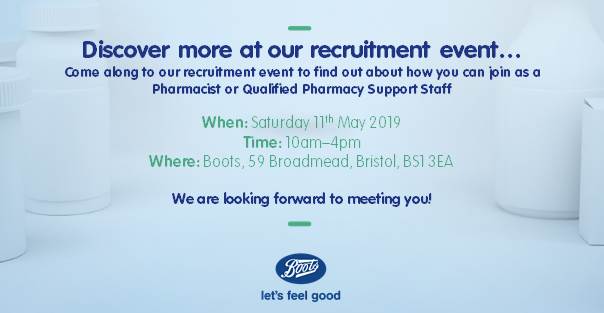 Sherrie_Yellop's tweet photo. Are you looking for a #Pharmacist opportunity in the #Bristol area? Come and meet the @Boots_Jobs team at our #Broadmead store to find out more about a career at Boots this Saturday! #Career #Pharmacy #Pharmacist  #BootsUK #Recruitment https://t.co/v5dm6GfT52