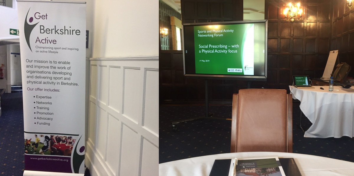 GetBerksActive's tweet photo. All set up for the #GBAForum. Our keynote speakers @sarahmorlandrva and @drwilliambird  will talk about #SocialPrescribing and its importance and value. https://t.co/jm1HTG782i